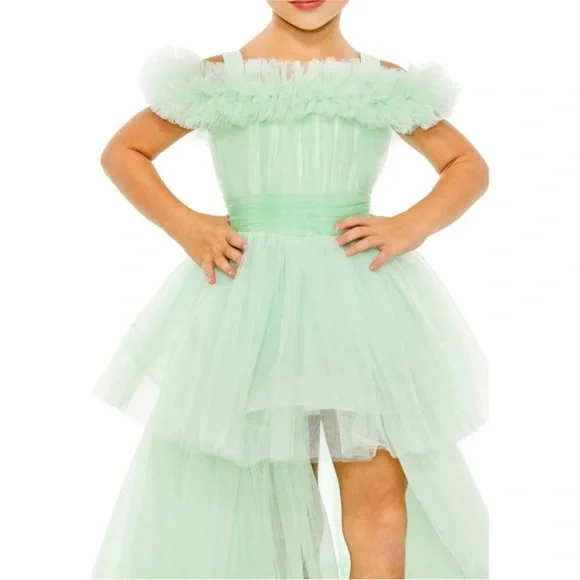 NWT $598 MAC DUGGAL GIRLS RUFFLED TULLE MINT SAGE GOWN DRESS MAXI TRAIN 20586 - Picture 3 of 6